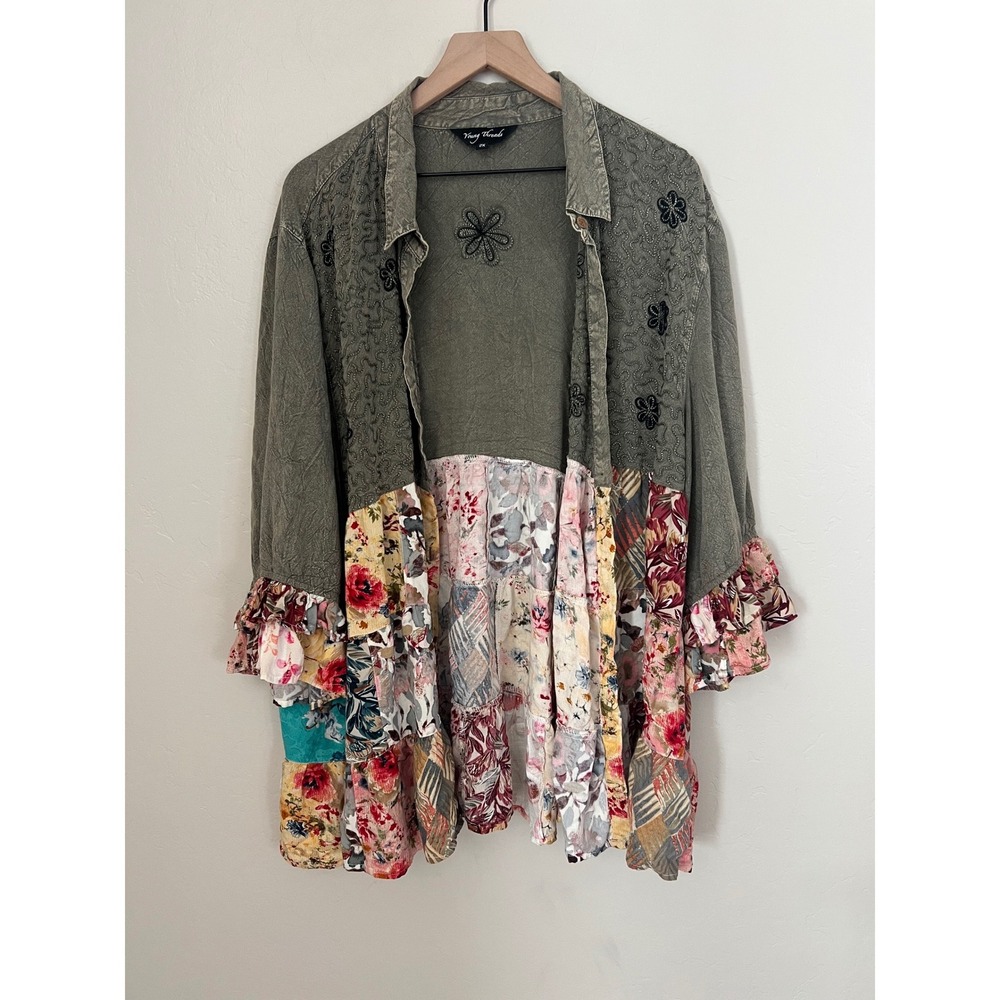 Young Threads Olive Green Patchwork Floral Embroi… - image 1
